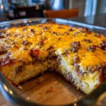 A delicious breakfast casserole with sausage and melted cheese in a glass baking dish.