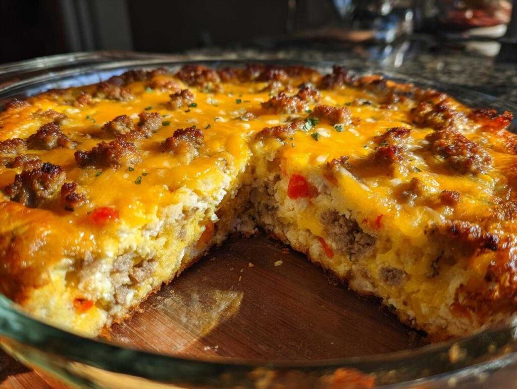 A delicious breakfast casserole with sausage, cheese, and peppers, ready to be served.