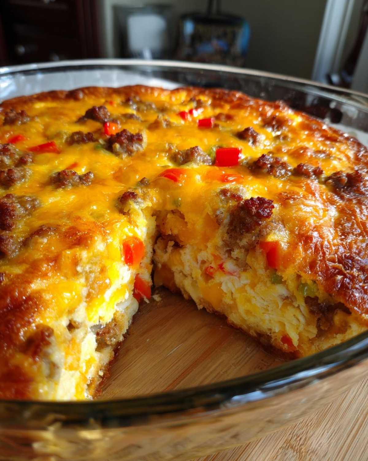 A delicious breakfast casserole with sausage, cheese, and peppers in a glass baking dish.