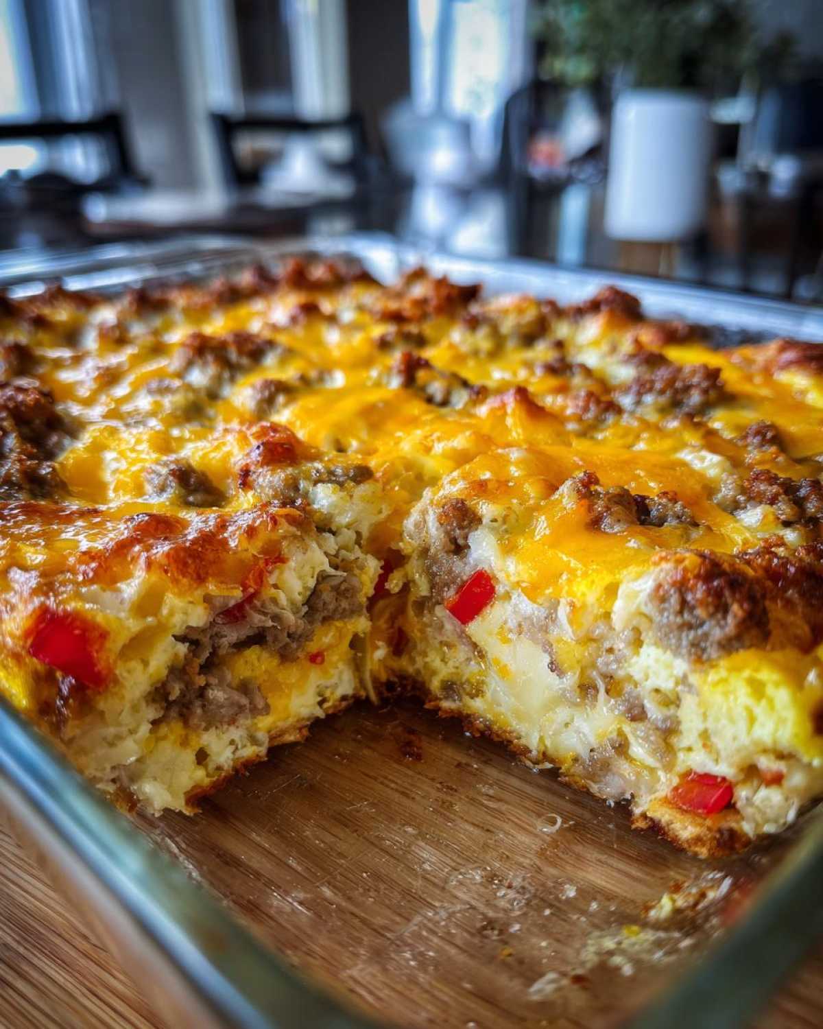 A freshly baked breakfast casserole with sausage, cheese, eggs, and peppers in a glass baking dish.