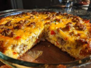 A delicious breakfast casserole with sausage, cheese, and peppers, ready to be served.