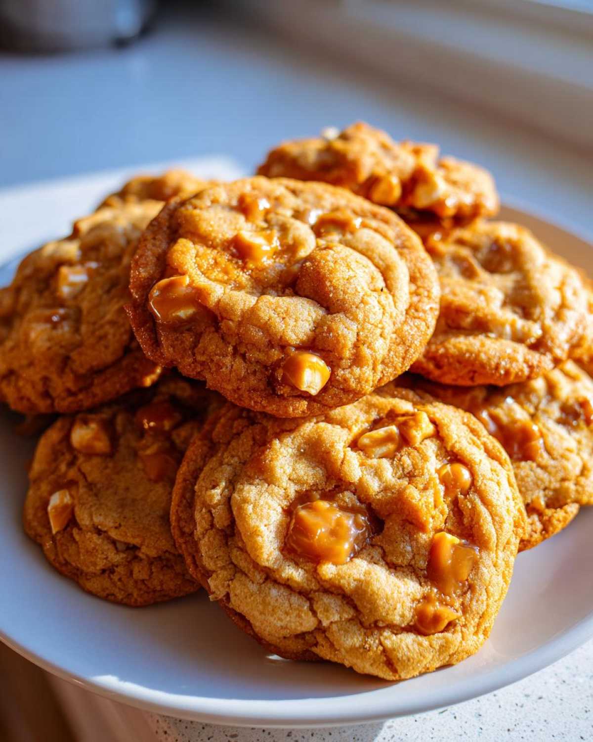 A stack of delicious caramel apple cookies on a white plate, ready to be enjoyed.