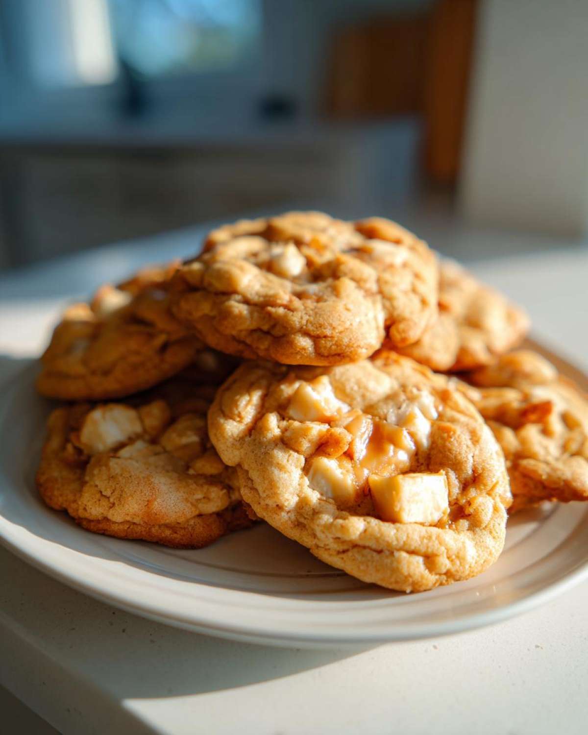 A stack of homemade caramel apple cookies on a white plate, ready to be enjoyed.