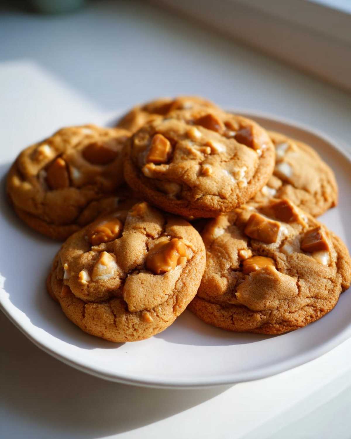 A plate of delicious caramel apple cookies, featuring chunks of caramel and apple.