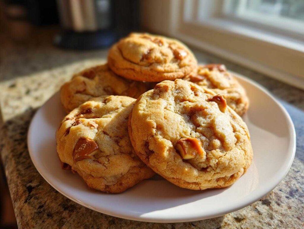 A plate of freshly baked caramel apple cookies, golden brown and studded with caramel pieces.