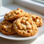 A plate of freshly baked caramel apple cookies, golden brown and topped with gooey caramel and apple pieces.