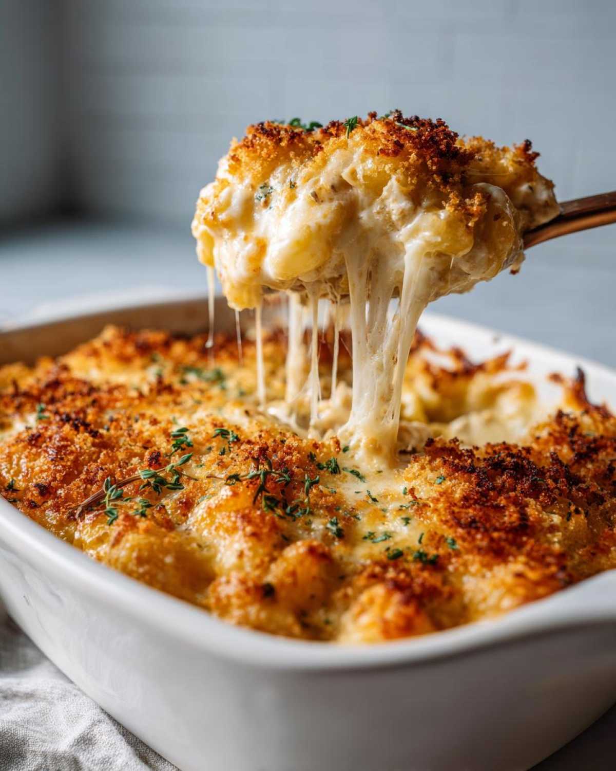 A serving spoon lifting a cheesy, gooey scoop of tuna bake from a white baking dish, showing melted cheese strings and a golden breadcrumb topping.