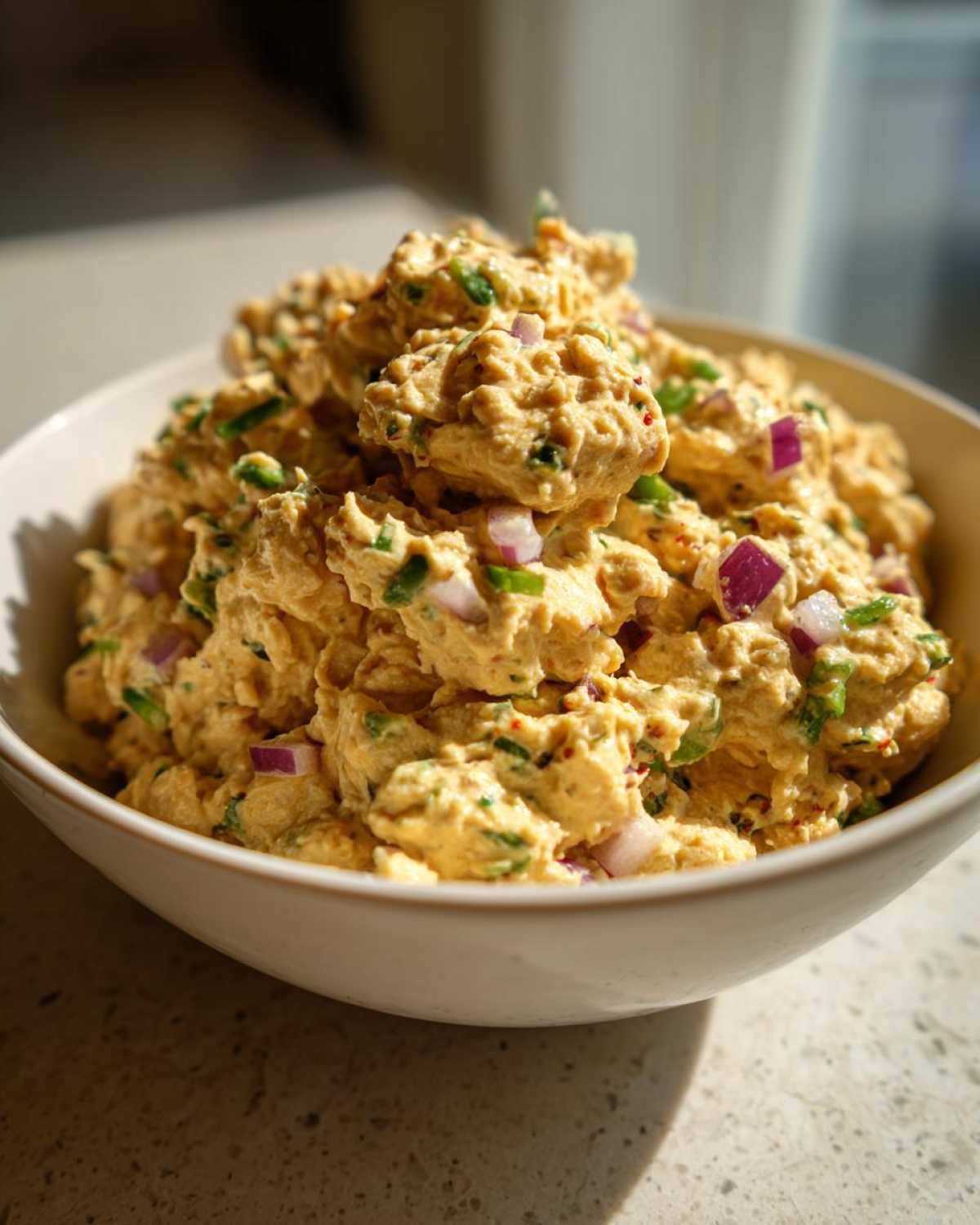 Close-up of a large white bowl filled with creamy chickpea tuna salad, showing visible chunks of red onion and green herbs.