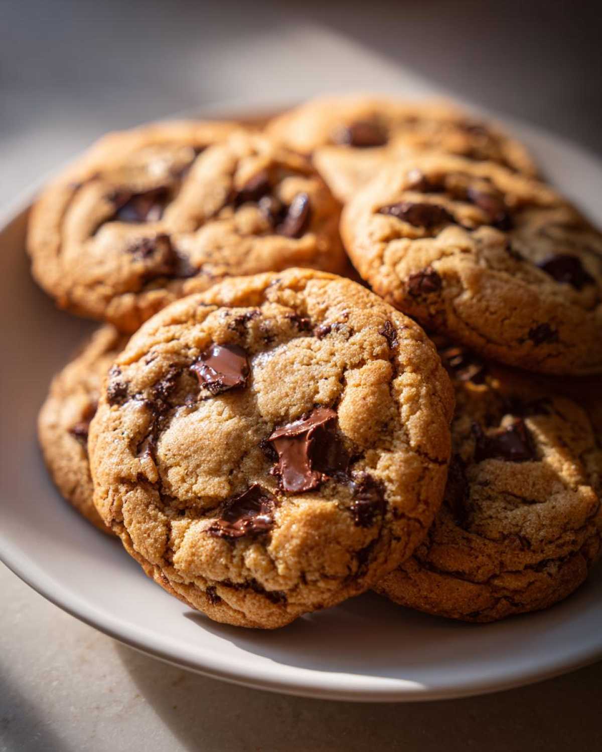 A plate of freshly baked chocolate chip cookies, showcasing their golden-brown texture and melted chocolate chunks.