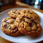 A plate of freshly baked chocolate chip cookies, showcasing their golden-brown texture and melted chocolate chunks.