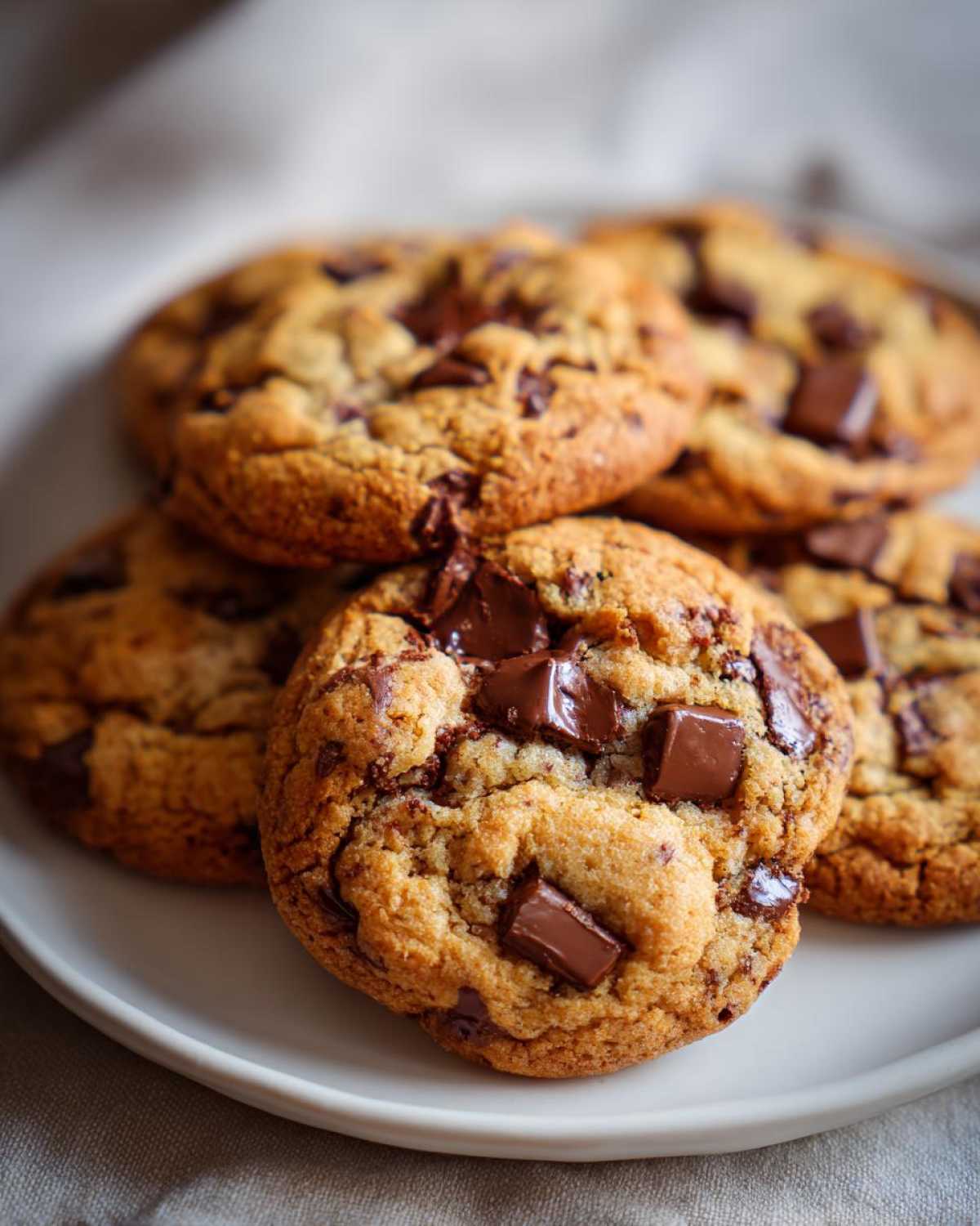 Close-up of a plate of homemade chocolate chip cookies with large chocolate chunks.