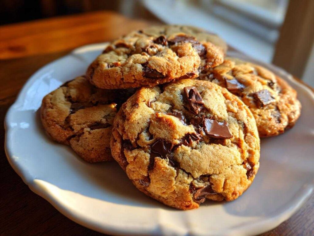 A stack of freshly baked chocolate chip cookies on a white plate, ready to be enjoyed.
