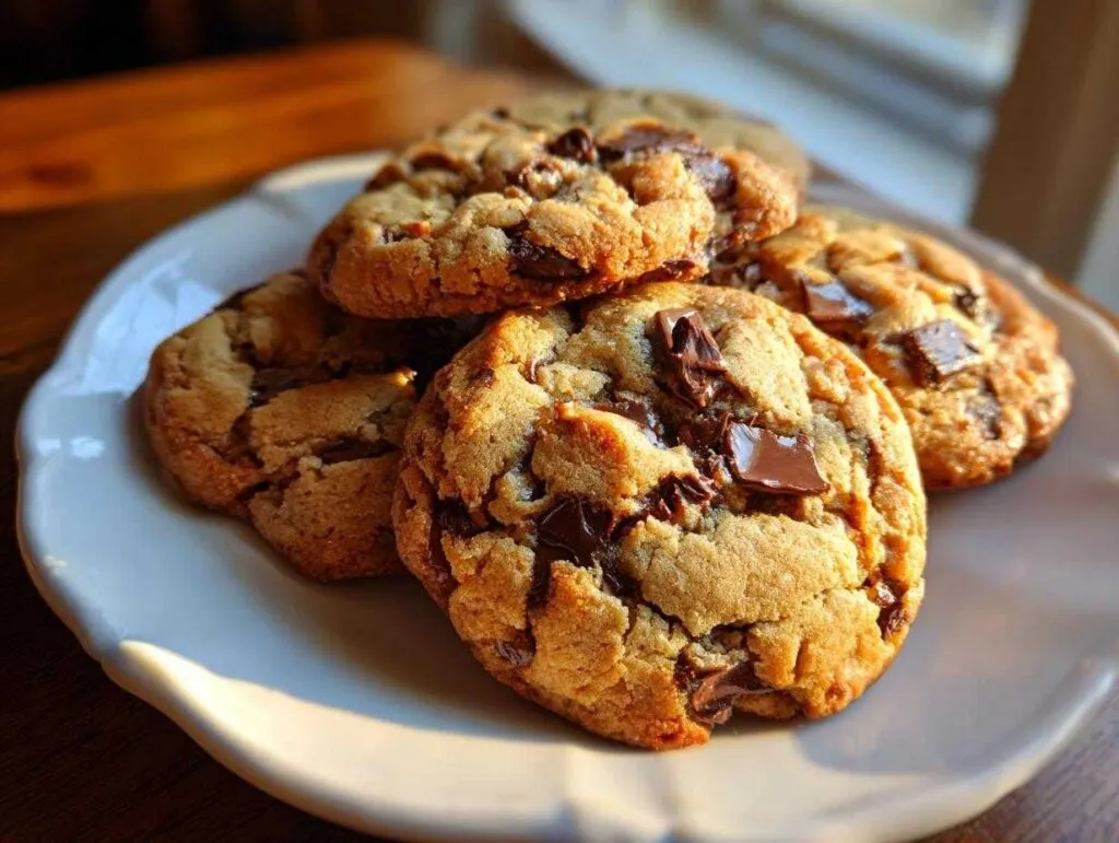 A stack of freshly baked chocolate chip cookies on a white plate, ready to be enjoyed.