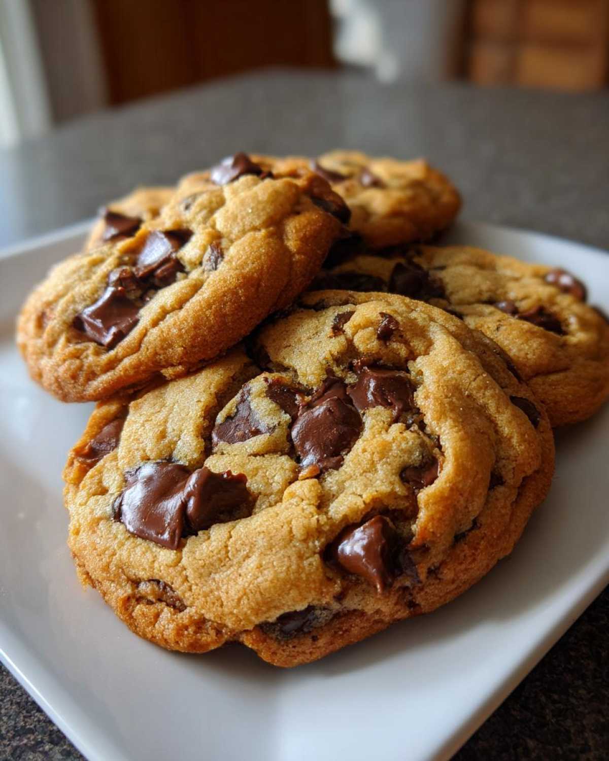 A stack of warm, golden chocolate chip cookies on a white plate, ready to be enjoyed.