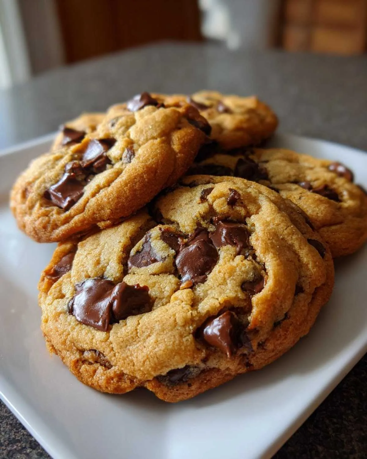 A stack of warm, golden chocolate chip cookies on a white plate, ready to be enjoyed.