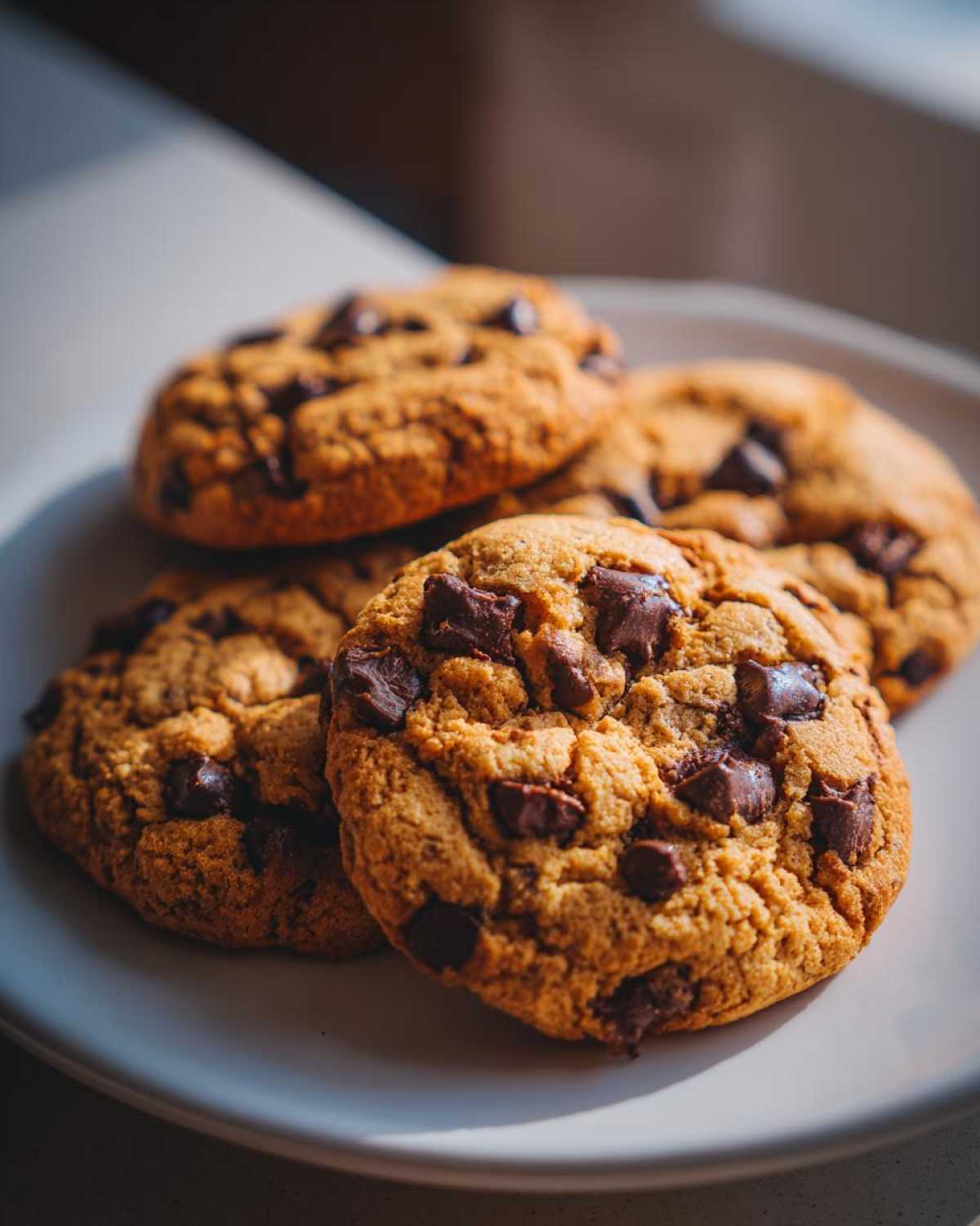 A stack of freshly baked chocolate chip cookies on a white plate, ready to eat.
