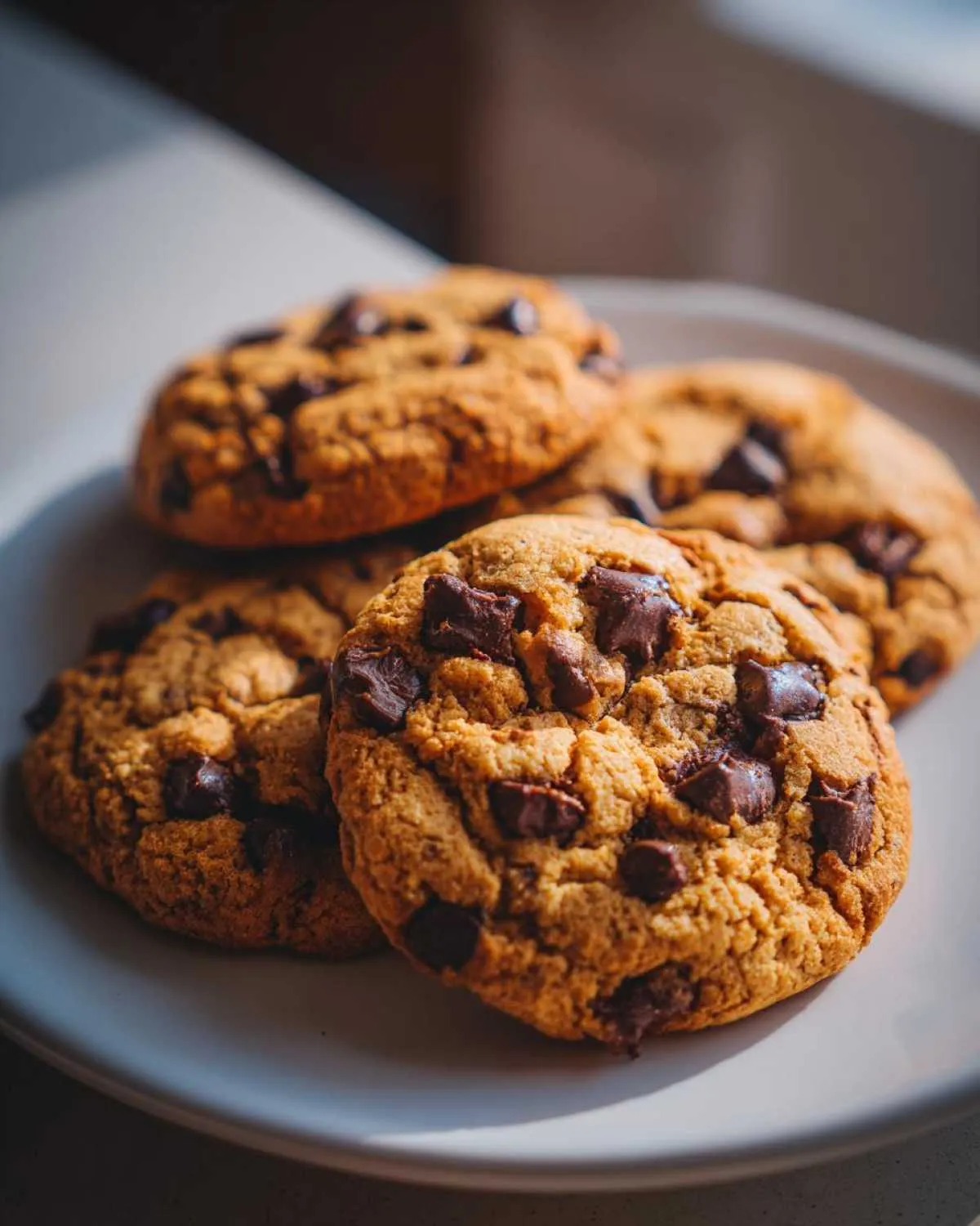 A stack of freshly baked chocolate chip cookies on a white plate, ready to eat.