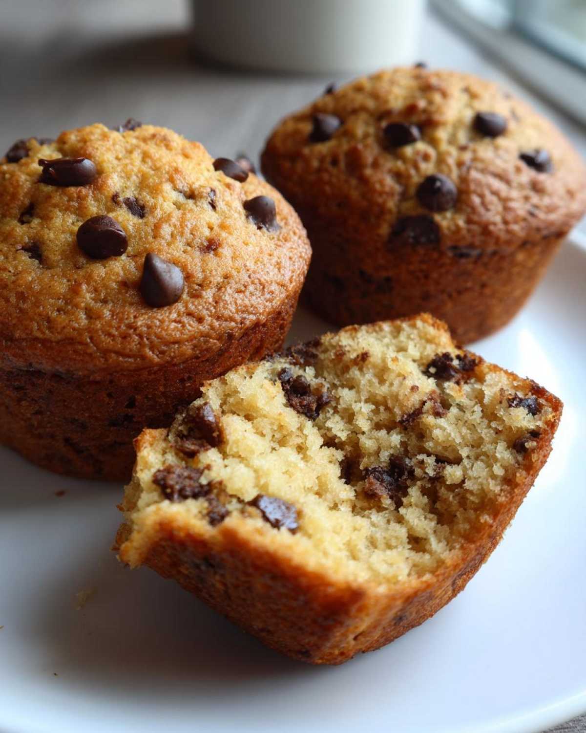 Three golden-brown chocolate chip protein muffins on a white plate, with one muffin broken open to show its moist interior.
