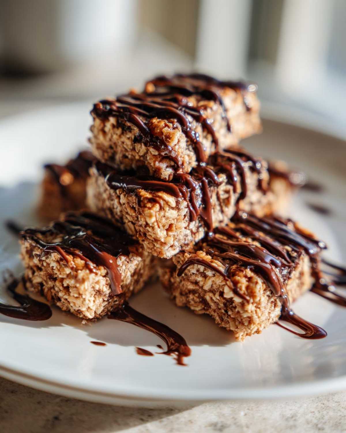 A stack of homemade protein bars with a generous chocolate drizzle on a white plate.