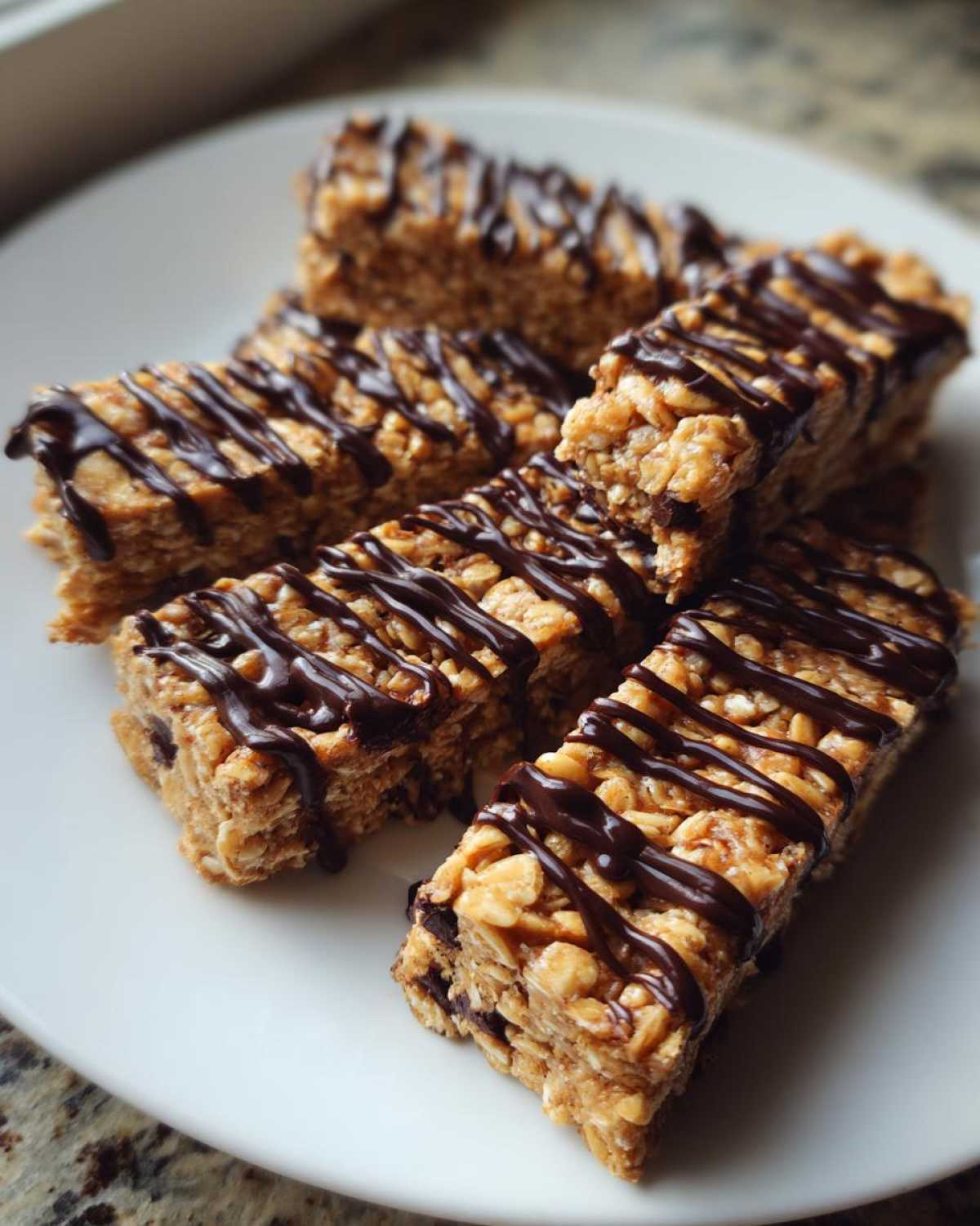Close-up of several homemade protein bars with a chocolate drizzle on a white plate.
