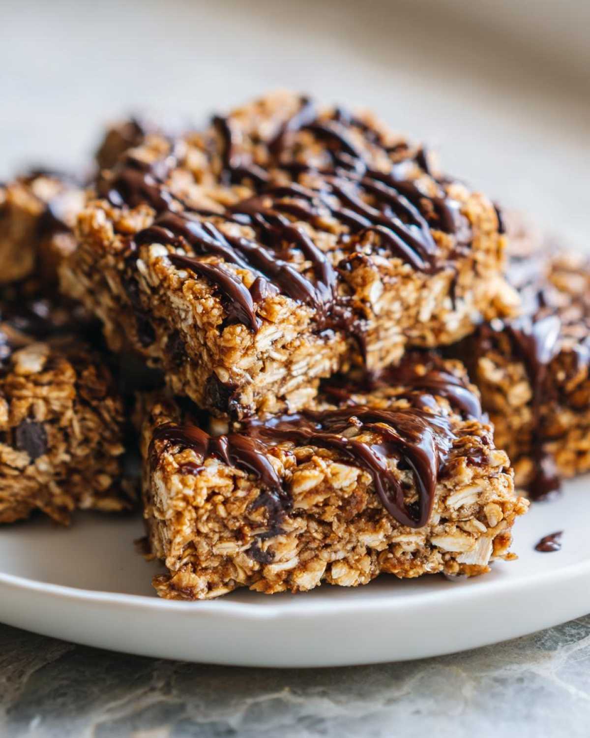 Close-up of several no-bake protein bars with a generous chocolate drizzle on a white plate.