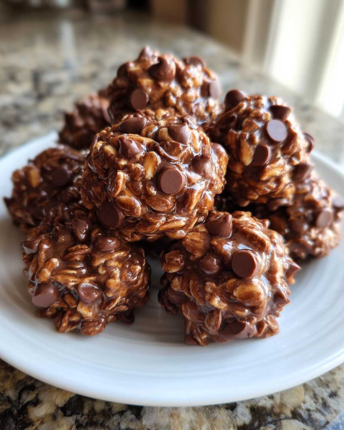 A close-up shot of several chocolate peanut butter protein bites on a white plate, topped with chocolate chips.