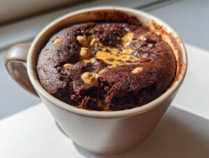 Close-up of a freshly baked chocolate protein mug cake in a mug, with melted peanut butter and peanuts on top.