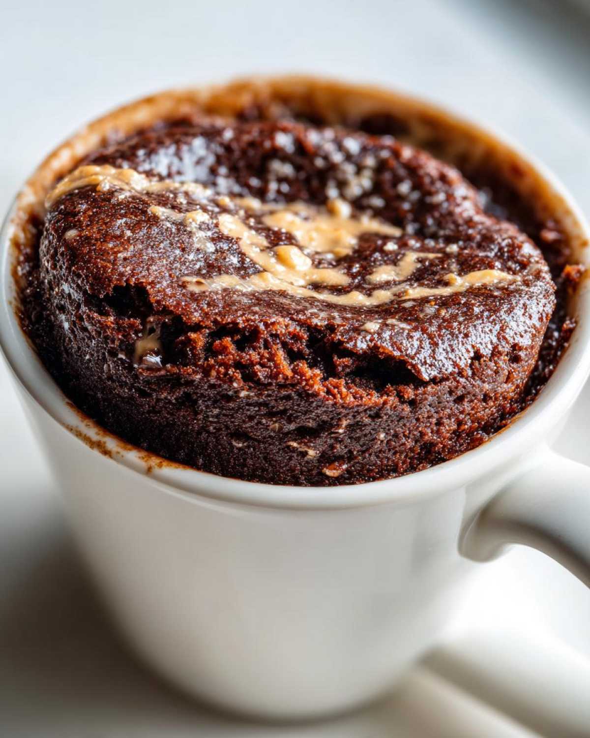 Close-up of a rich chocolate protein mug cake in a white mug, with a swirl of light-colored topping.