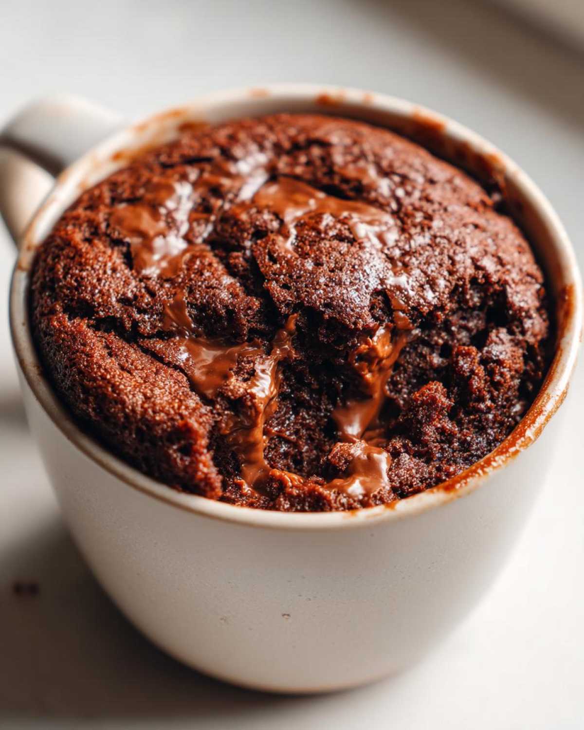 Close-up of a rich, moist chocolate protein mug cake in a white mug, with melted chocolate oozing from the top.