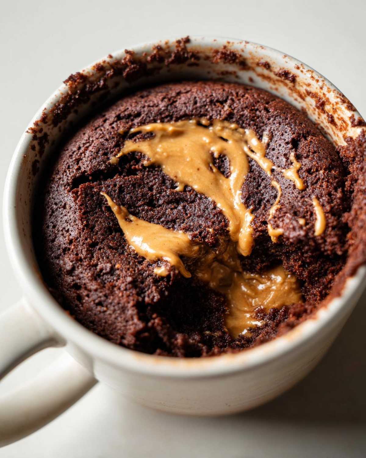 Close-up of a chocolate protein mug cake in a white mug, topped with melted peanut butter.