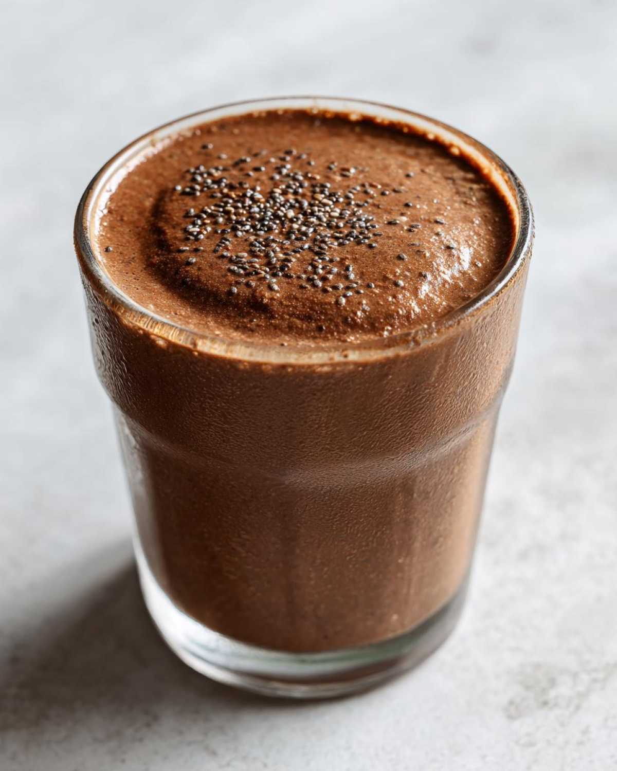 A close-up shot of a glass filled with thick, rich chocolate protein pudding topped with chia seeds.