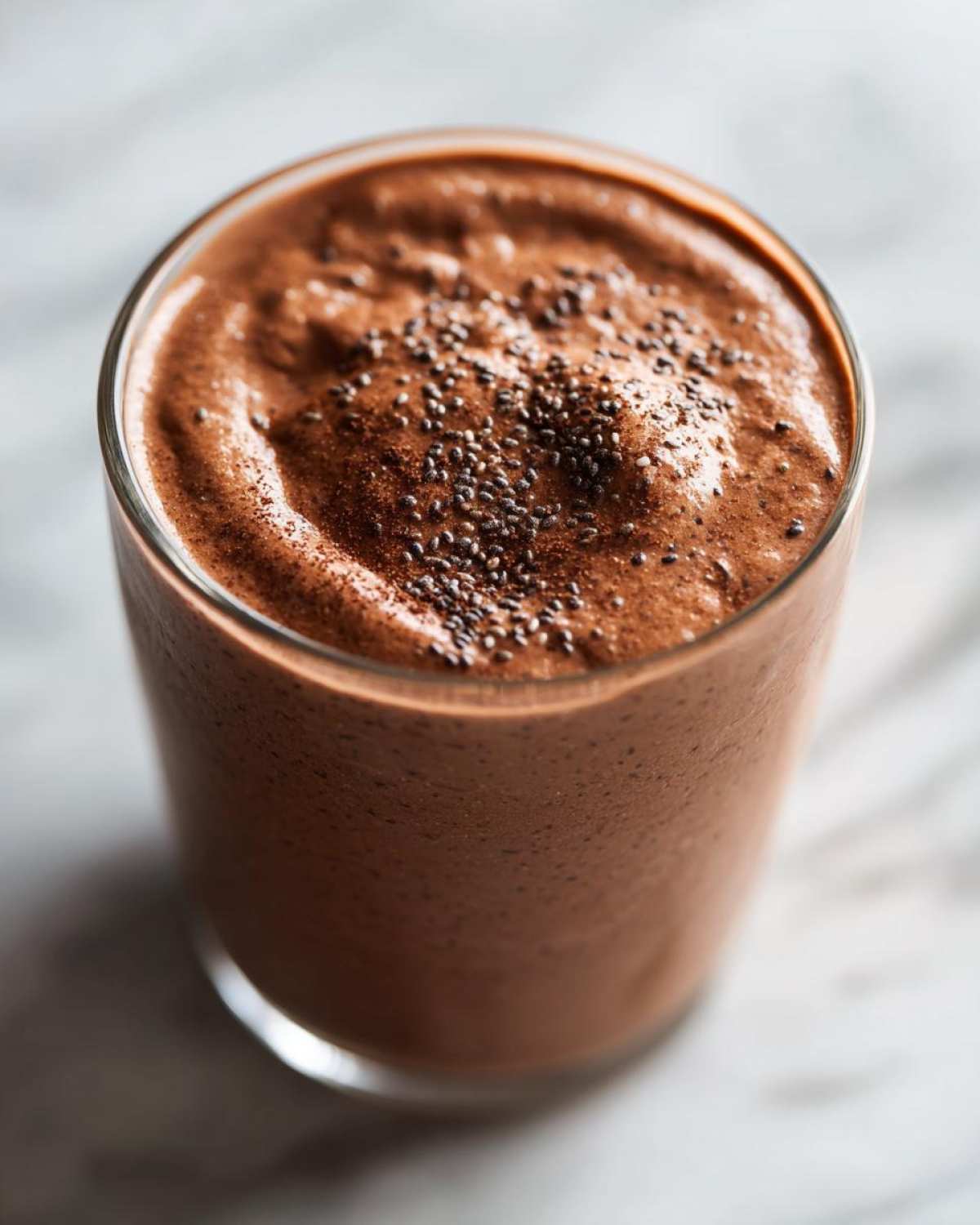 Close-up of a glass of rich chocolate protein pudding topped with chia seeds, on a marble surface.