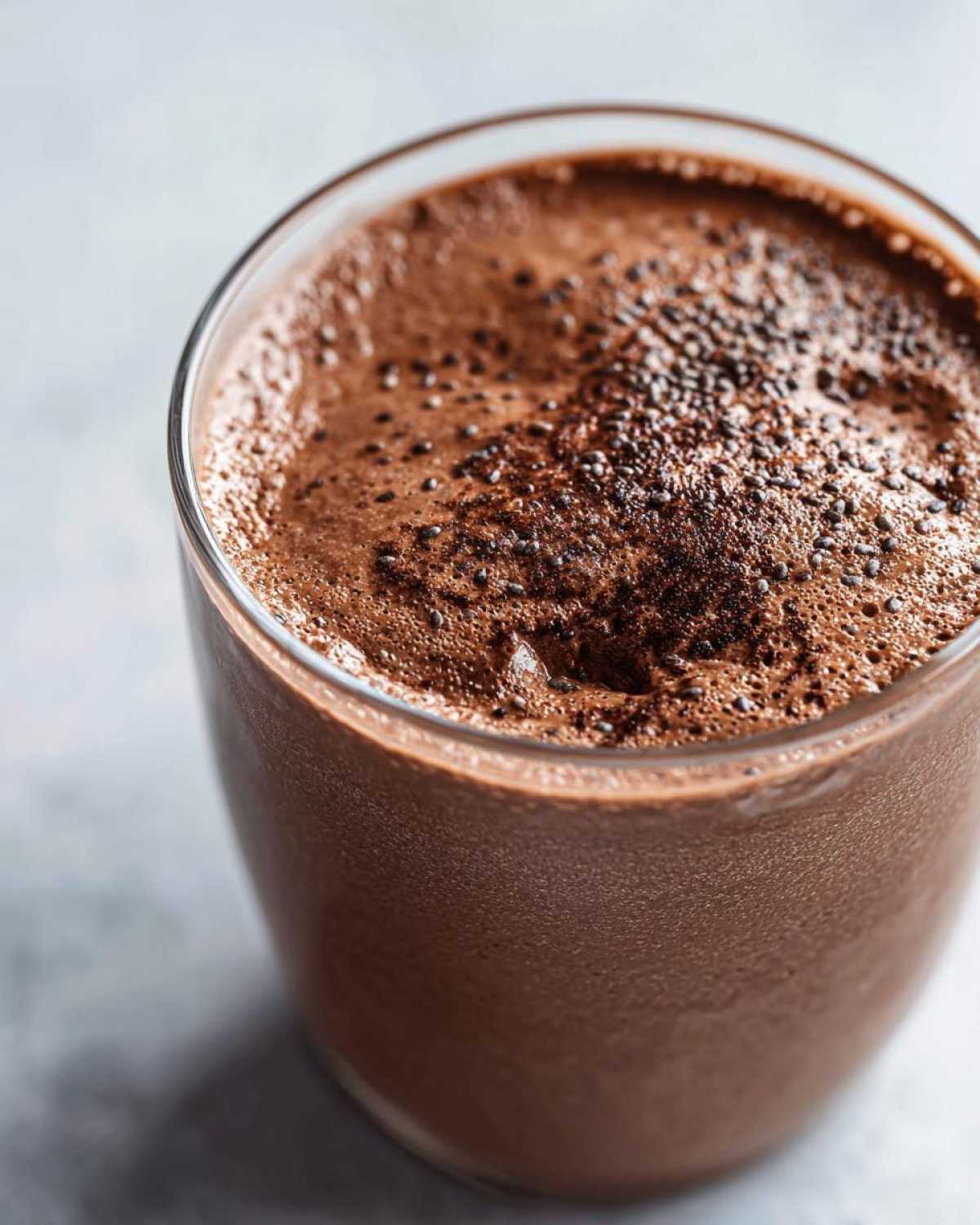Close-up of a glass of rich chocolate protein pudding topped with chia seeds and cocoa powder.