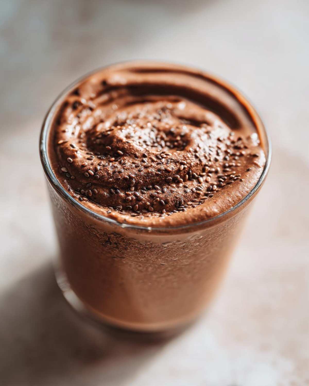 Close-up of a glass of rich chocolate protein pudding topped with chia seeds, showing its creamy texture.