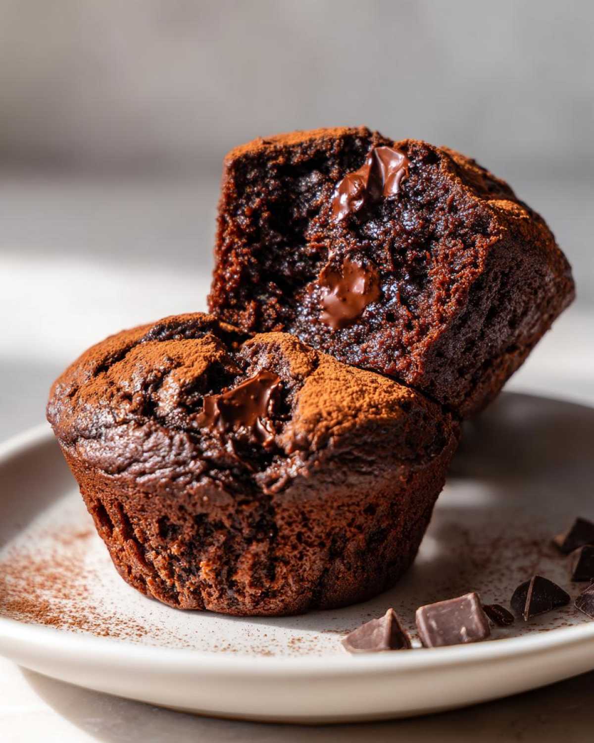 Two chocolate zucchini muffins on a plate, one cut in half to show the moist interior.