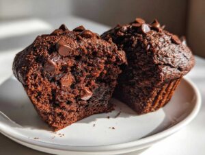 Two chocolate zucchini muffins on a white plate, one cut in half to show the moist interior.