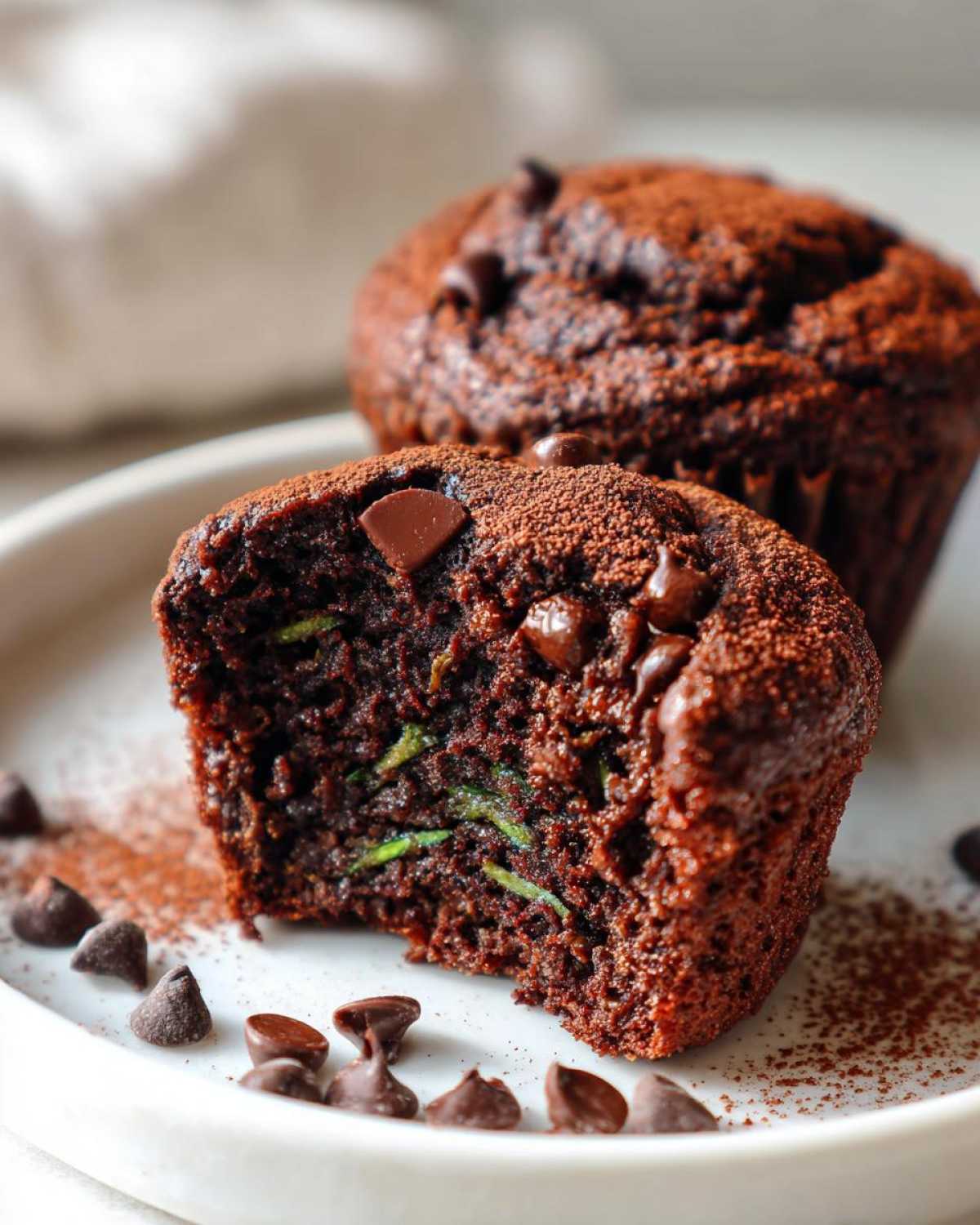 A chocolate zucchini muffin with a bite taken out, revealing zucchini, chocolate chips, and cocoa powder dusting.