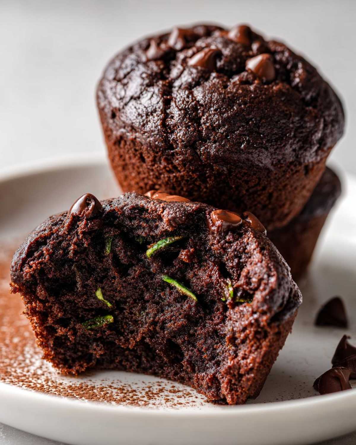 Stack of moist chocolate zucchini muffins, one with a bite taken out showing the zucchini.