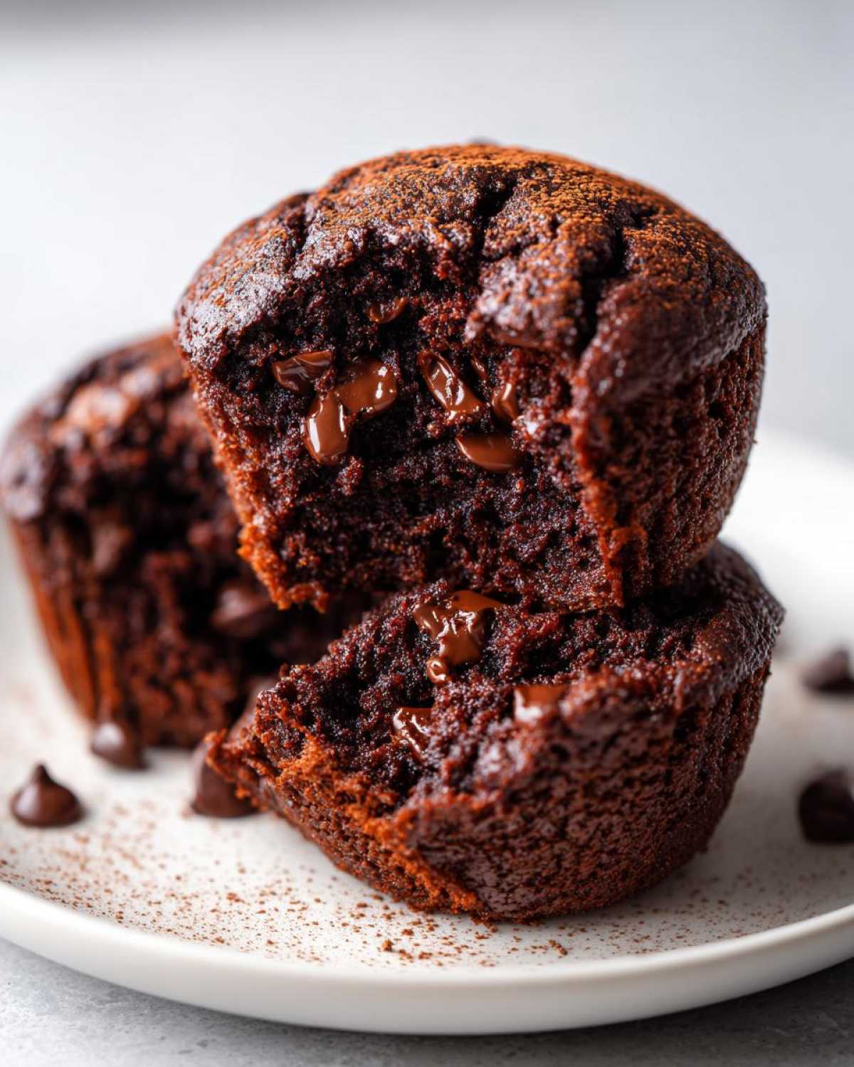 Two stacked chocolate zucchini muffins, one broken open to show melted chocolate chips.