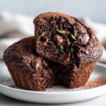 Two chocolate zucchini muffins stacked on a plate, the top one broken open to show zucchini and chocolate chips.