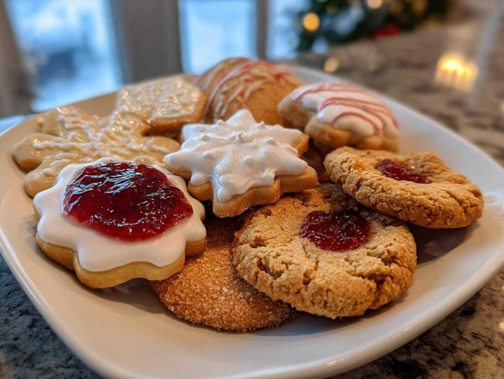 A plate of assorted Christmas cookies, including jam-filled, iced, and sugared varieties, ready for the holidays.