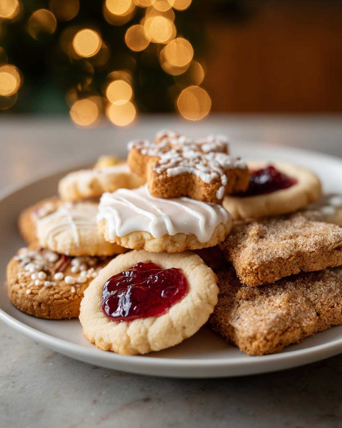 A plate of assorted Christmas cookies, including iced, jam-filled, and sugar-coated varieties, ready to spark joy.