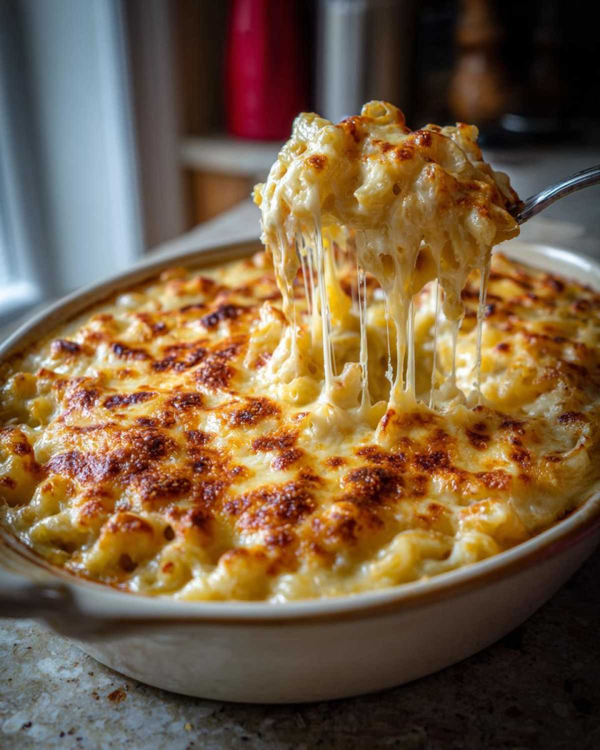 A spoonful of creamy baked mac and cheese recipe being lifted from a casserole dish, showing cheese pull.