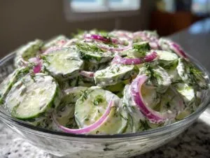 Close-up of a bowl of creamy cucumber salad with sliced cucumbers, red onions, and fresh dill.