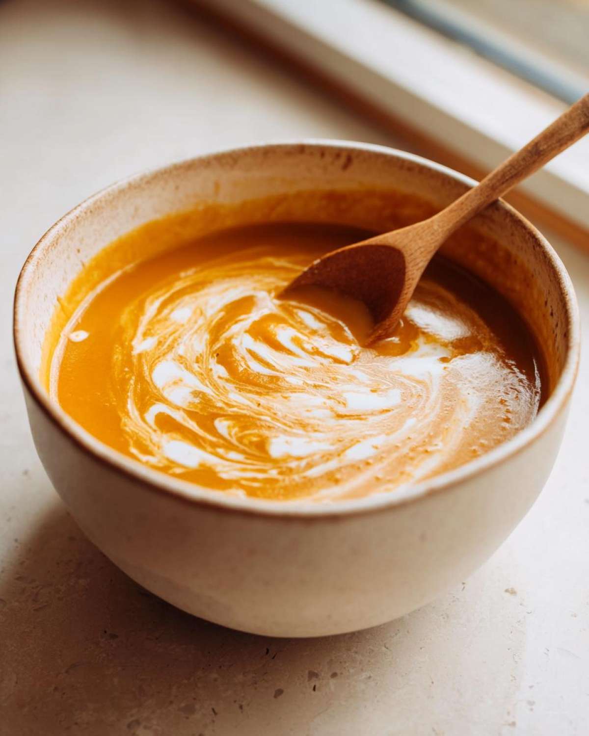 A bowl of creamy fall soup with a swirl of cream and a wooden spoon resting inside.