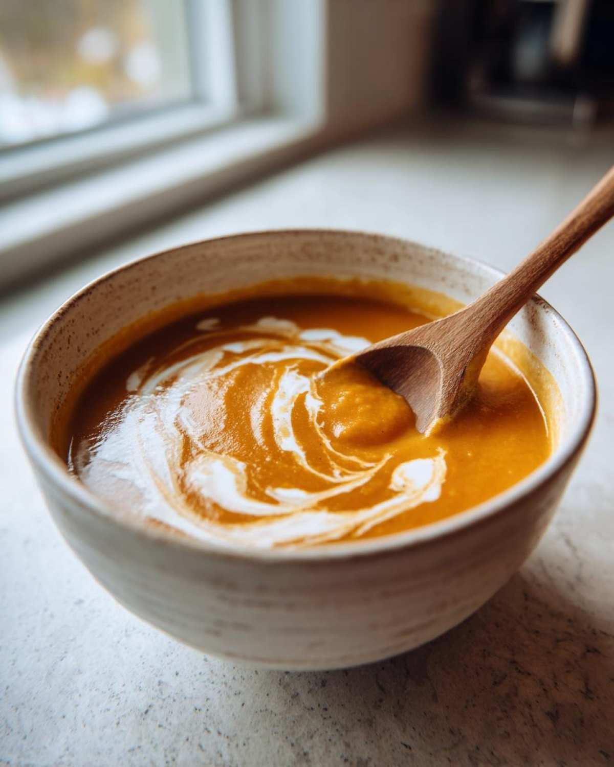 Bowl of creamy fall soup with a swirl of cream and a wooden spoon. Close-up shot.