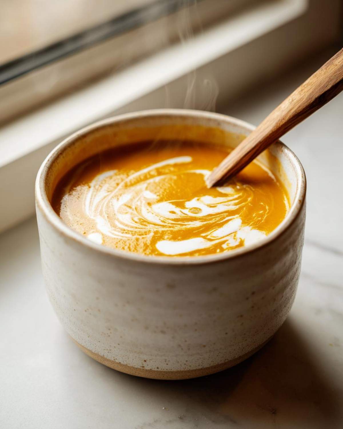 Close-up of creamy fall soup in a rustic bowl with a wooden spoon, topped with a swirl of cream.