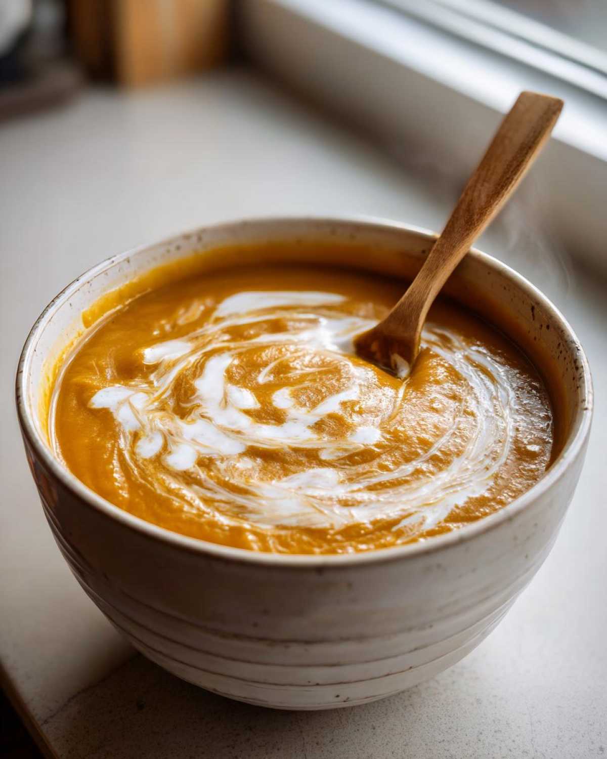 A bowl of creamy fall soup with a swirl of coconut milk and a wooden spoon, ready to eat.