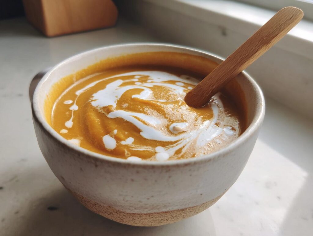 Close-up of creamy fall soup in a mug with a swirl of coconut milk and a wooden spoon.