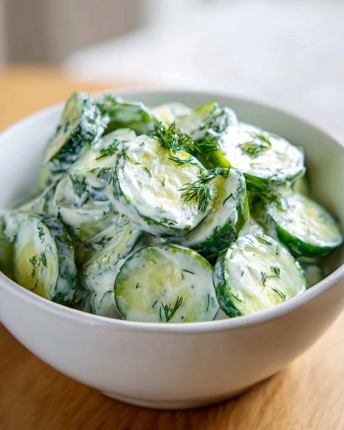 Close-up of a white bowl filled with creamy german cucumber salad, garnished with fresh dill.